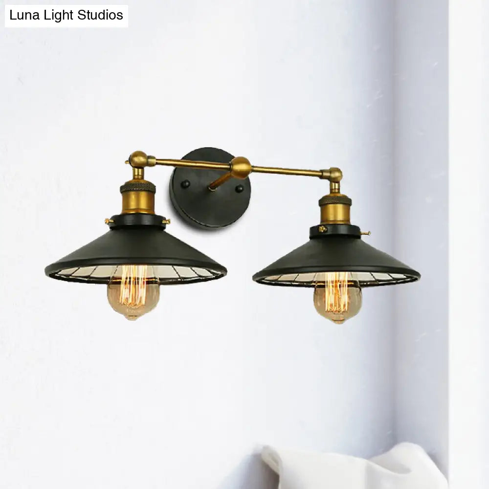 Vintage Style Black Metal Sconce Lighting - 2/3 Bulbs Cone Shade Wall Mount Light Perfect For