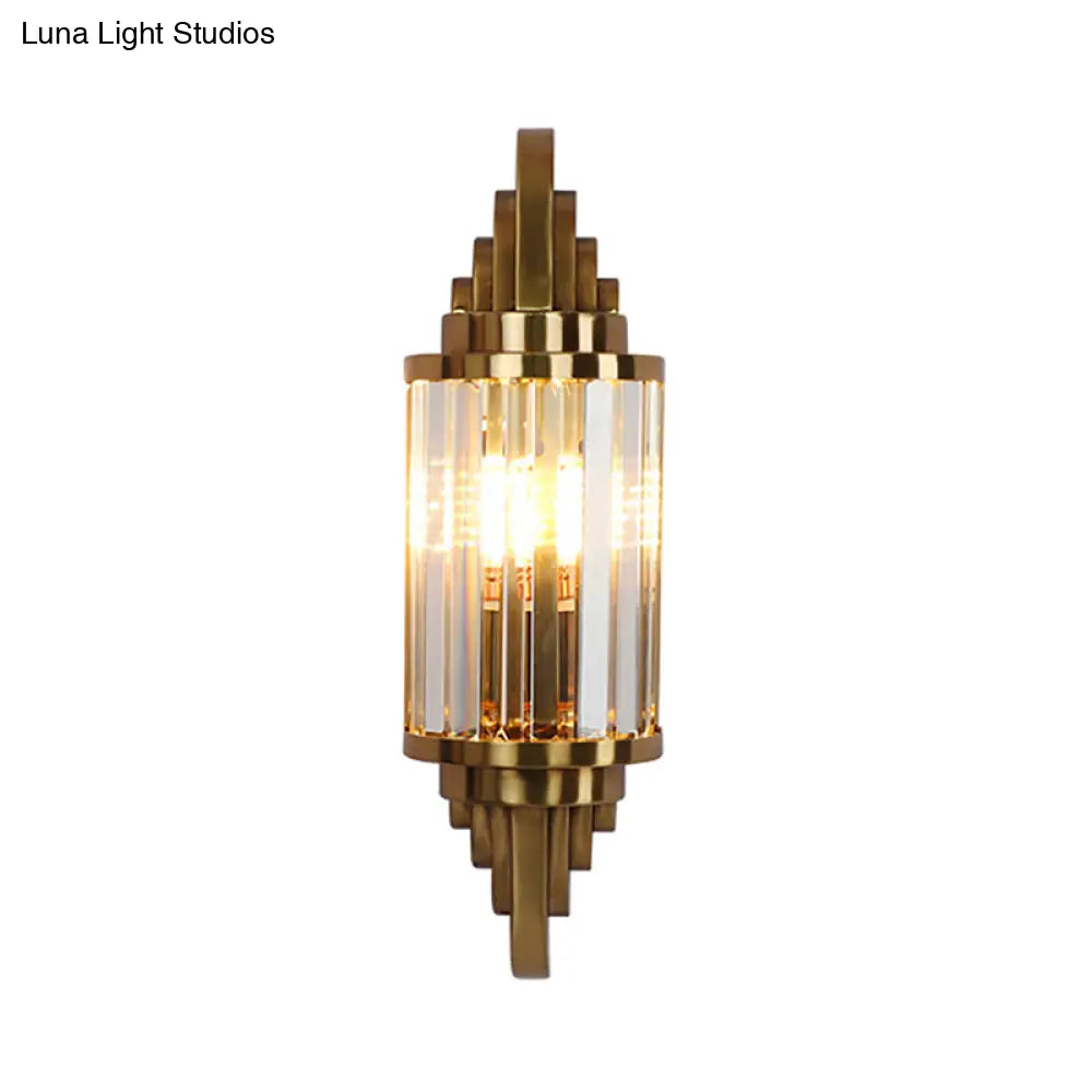 Vintage Style Brass Wall Sconce With Clear Crystal Prism - 1 Light Fixture For Living Room
