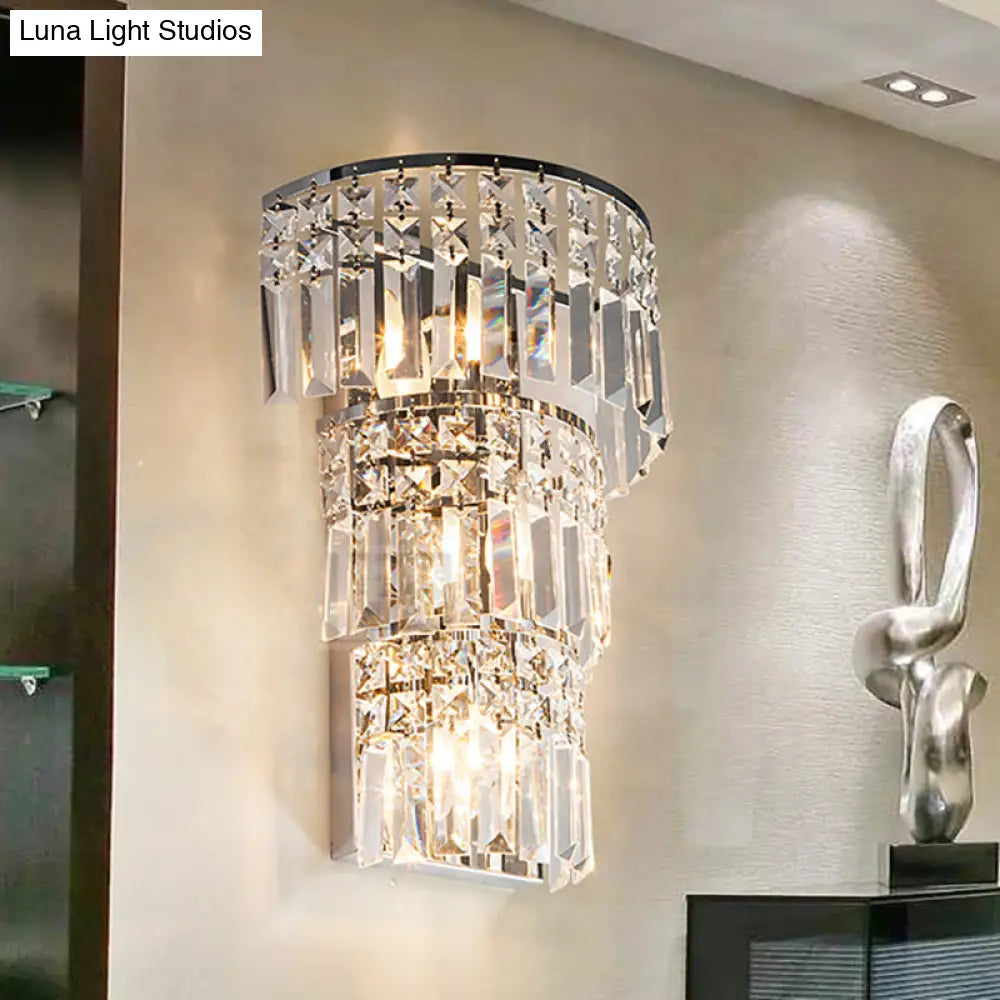 Vintage-Style Clear Crystal Wall Sconce With Tiered Lighting - Ideal For Hallway Décor
