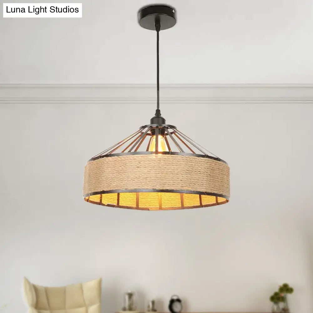 Vintage Style Drum Shade Rope Pendant Ceiling Light In Black For Coffee Shops