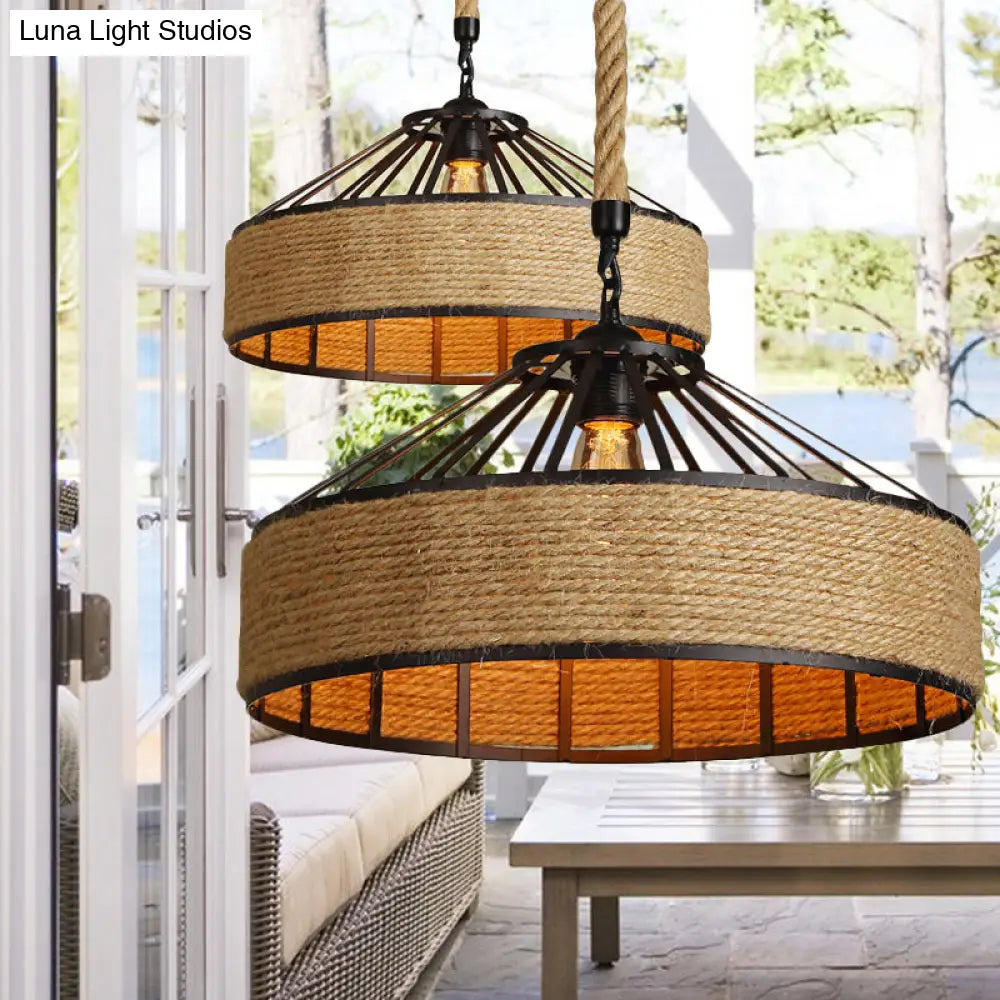 Vintage Style Drum Shade Rope Pendant Ceiling Light In Black For Coffee Shops