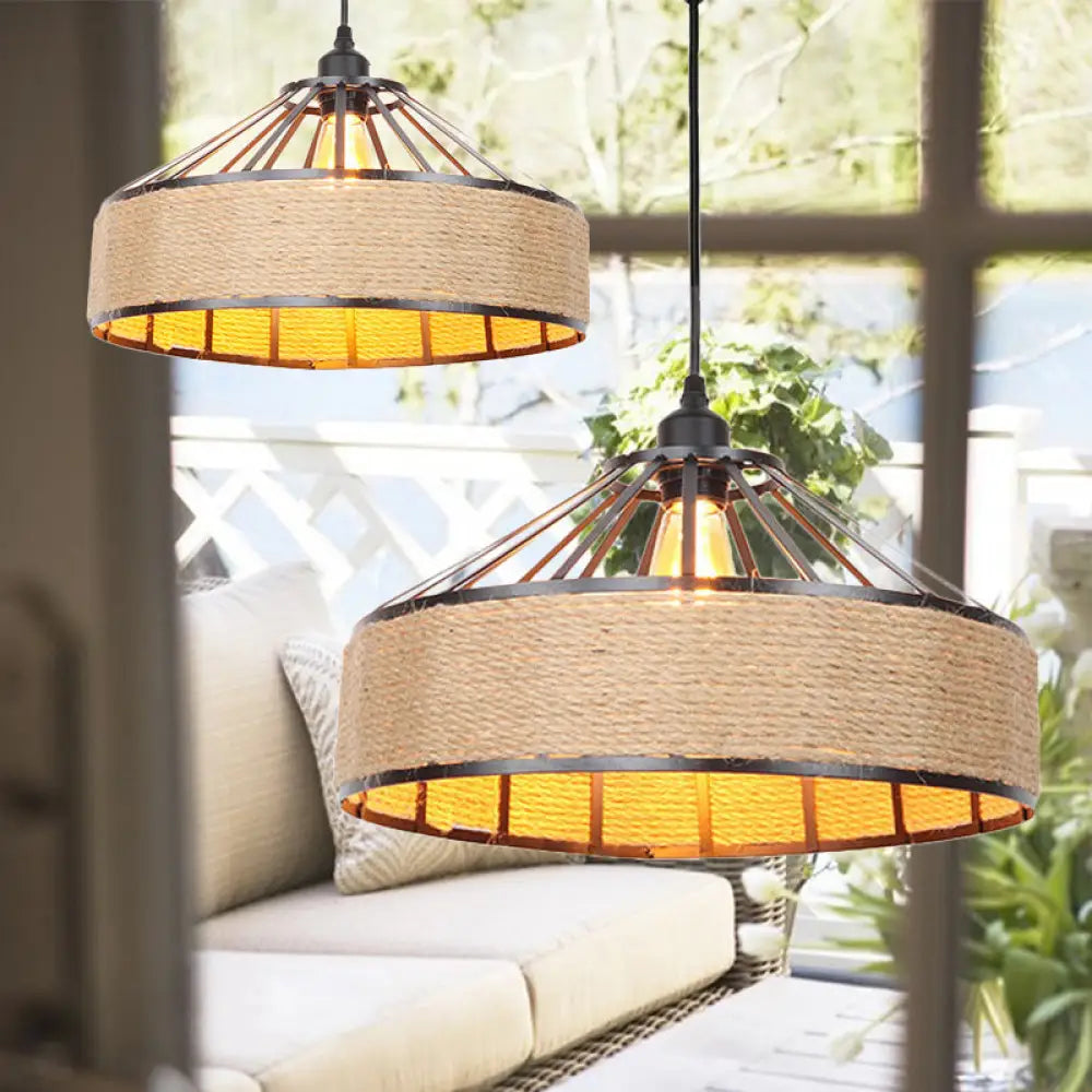 Vintage Style Drum Shade Rope Pendant Ceiling Light In Black For Coffee Shops / B