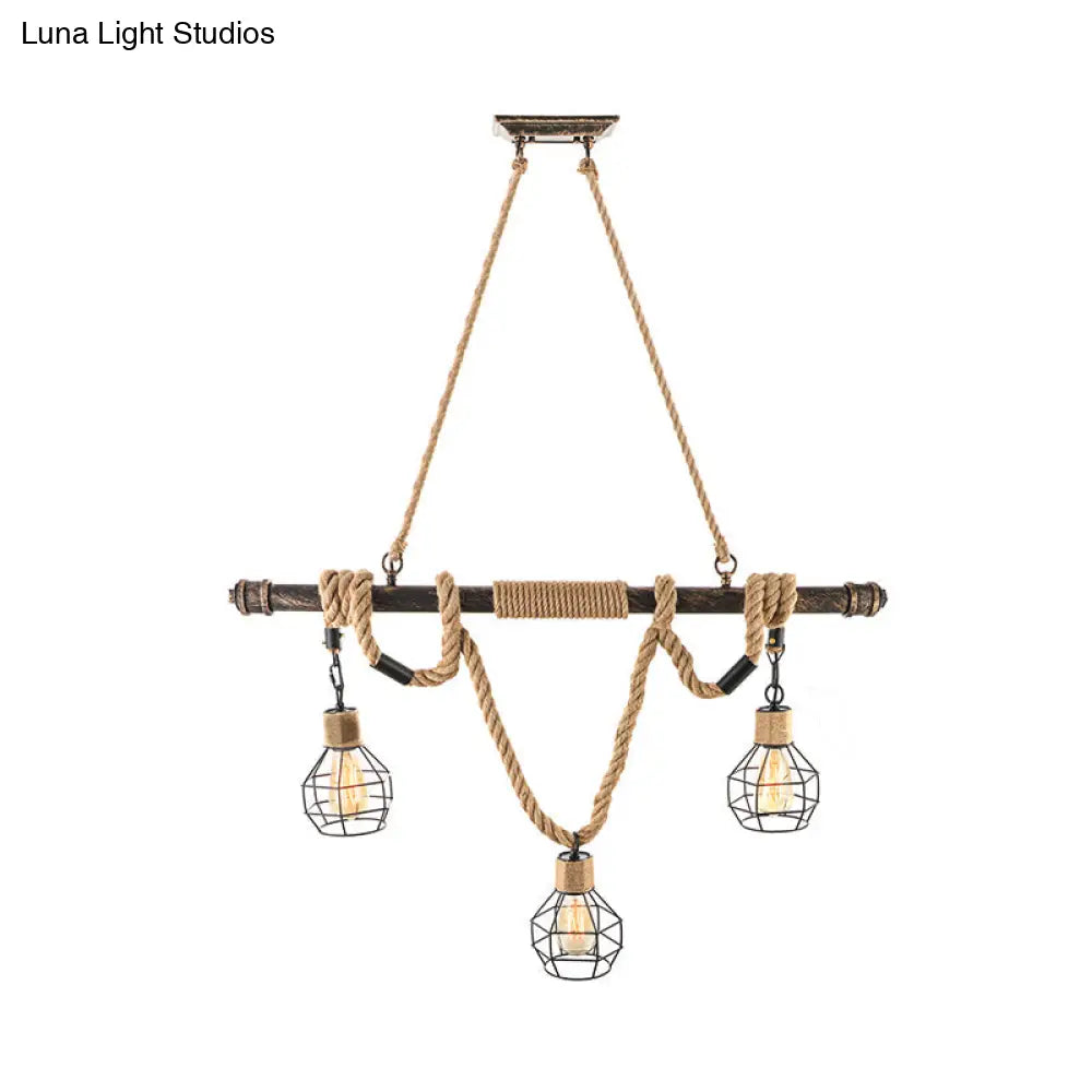 Vintage Style Globe Cage Island Lighting With 3 Heads Beige Metal And Rope Hanging Light For Dining