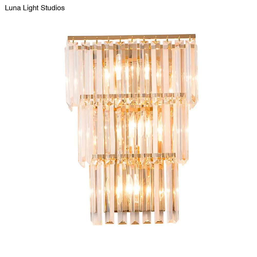 Vintage Style Gold Finish Sconce With 3 Clear Crystal Lights - Bedroom Wall Mount Lighting