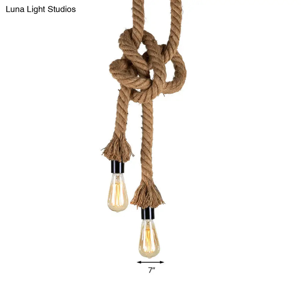 Vintage Style Light Brown Rope Pendant With Open Bulb - 2 Heads Ceiling Hanging Lighting For Bar