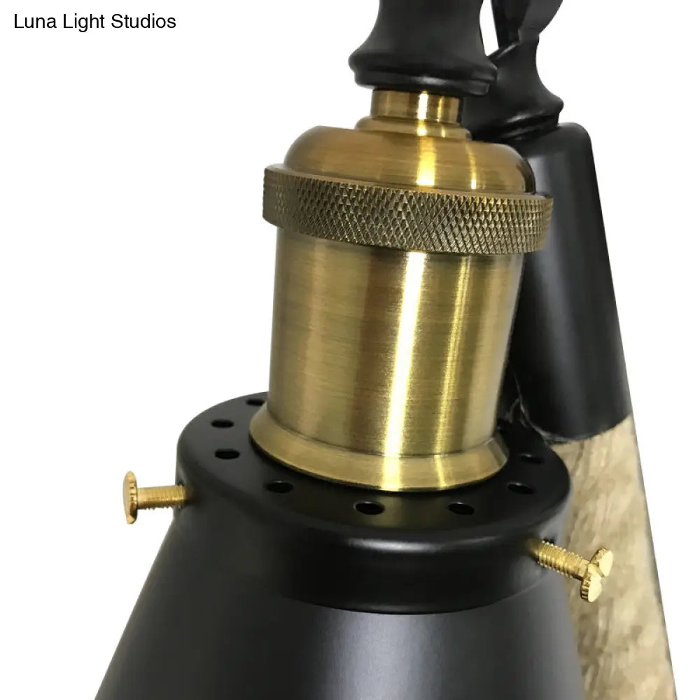 Vintage Style Metal And Rope Cone Wall Mount Lighting - 1 Bulb Black Sconce Light Fixture For