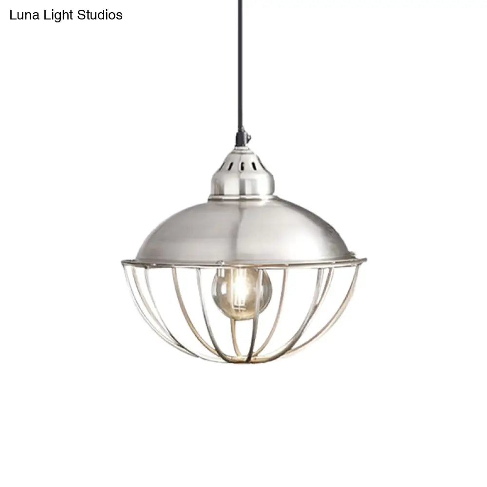 Vintage Style Metal Bowl Cage Pendant Light - Silver 1 Ceiling Fixture For Dining Room