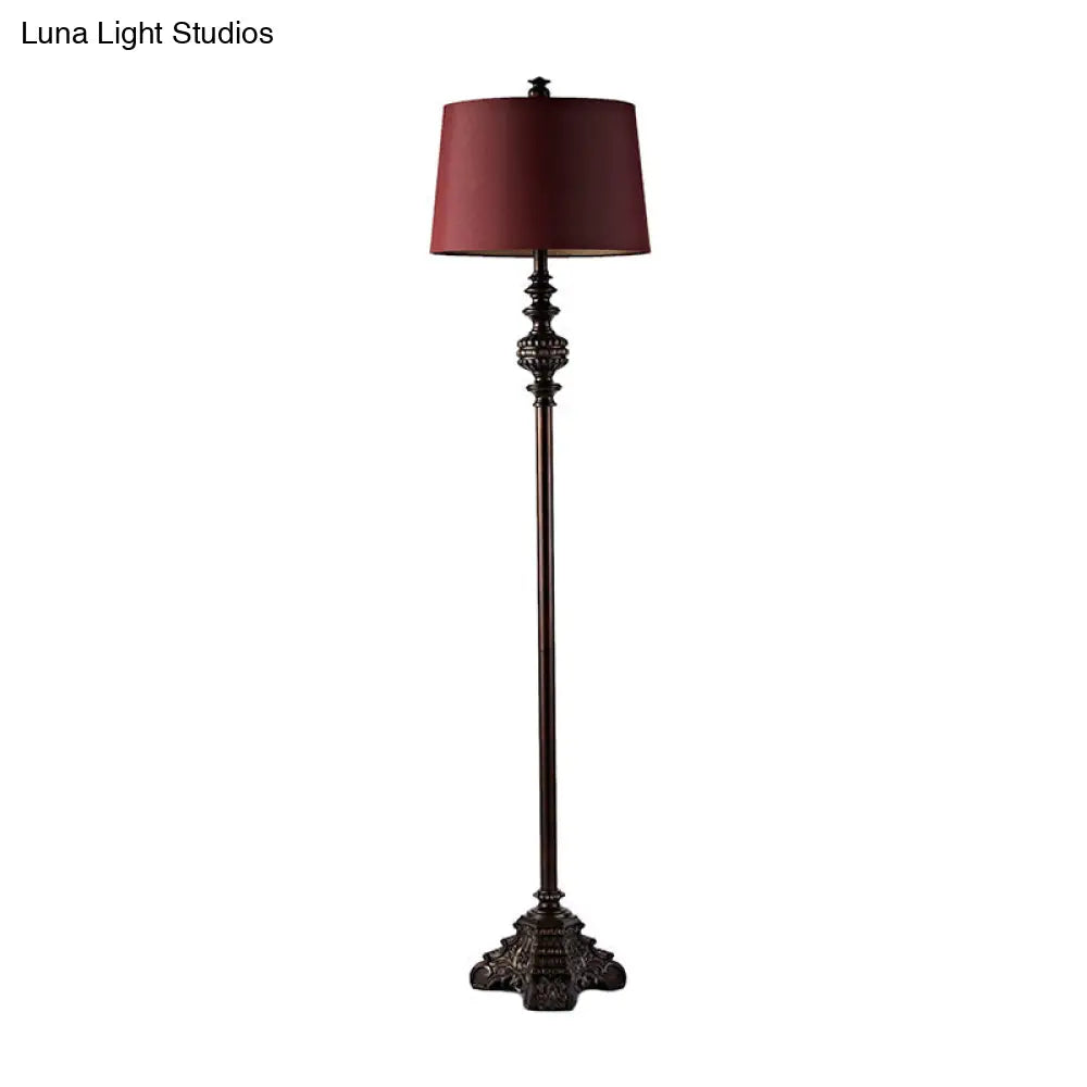 Vintage-Style Red Floor Lamp With Barrel Shade Fabric In 1 Bulb Standing Light