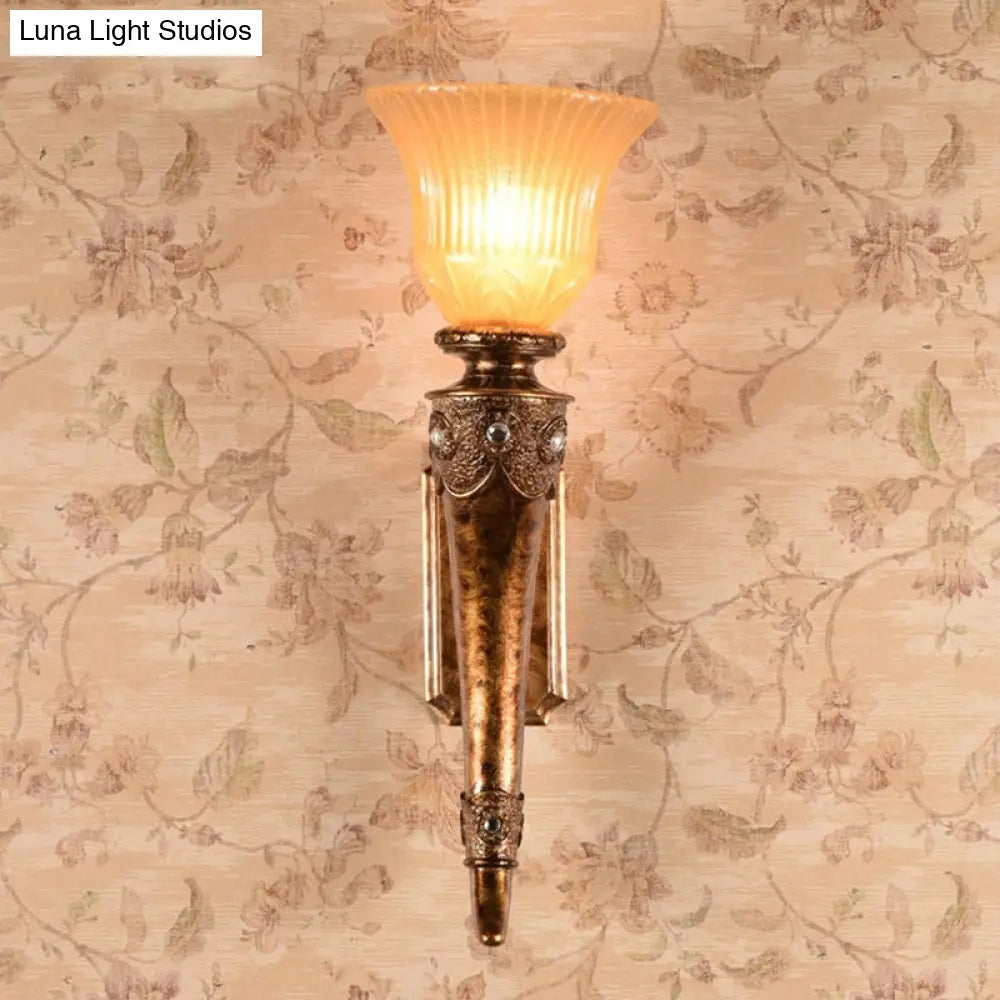 Vintage Style Wall Mounted Sconce Lamp With Amber Glass Bell Shade - Resin Gold Finish