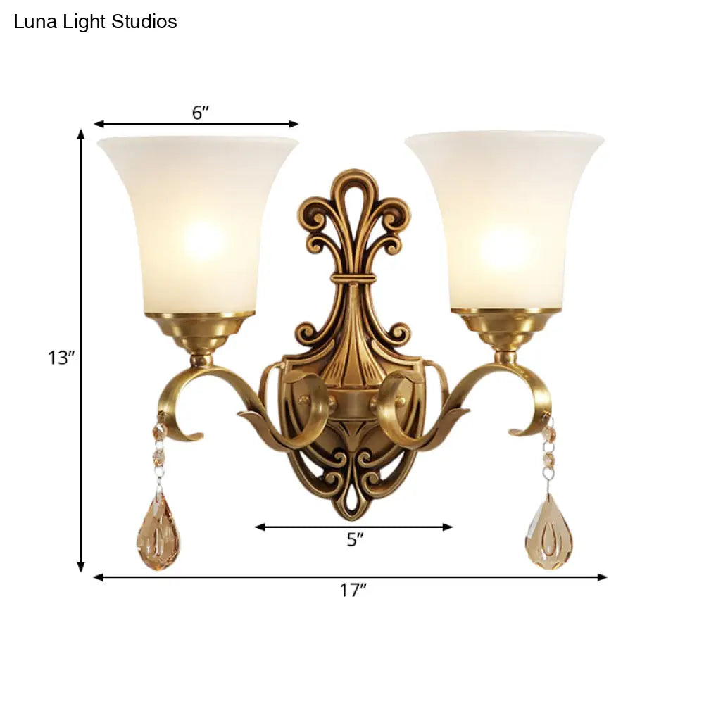 Vintage-Style White Glass Bell Wall Sconce Light With Brass Finish And Crystal Accent For Bedroom