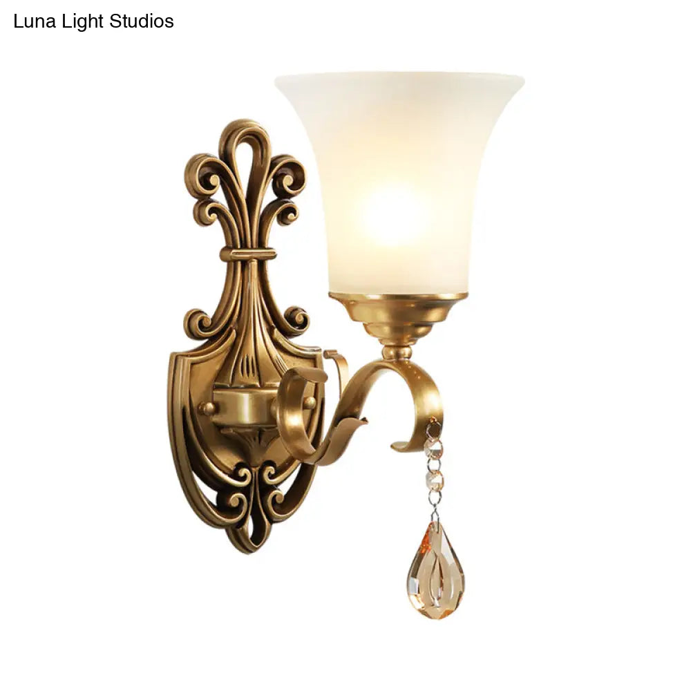 Vintage-Style White Glass Bell Wall Sconce Light With Brass Finish And Crystal Accent For Bedroom