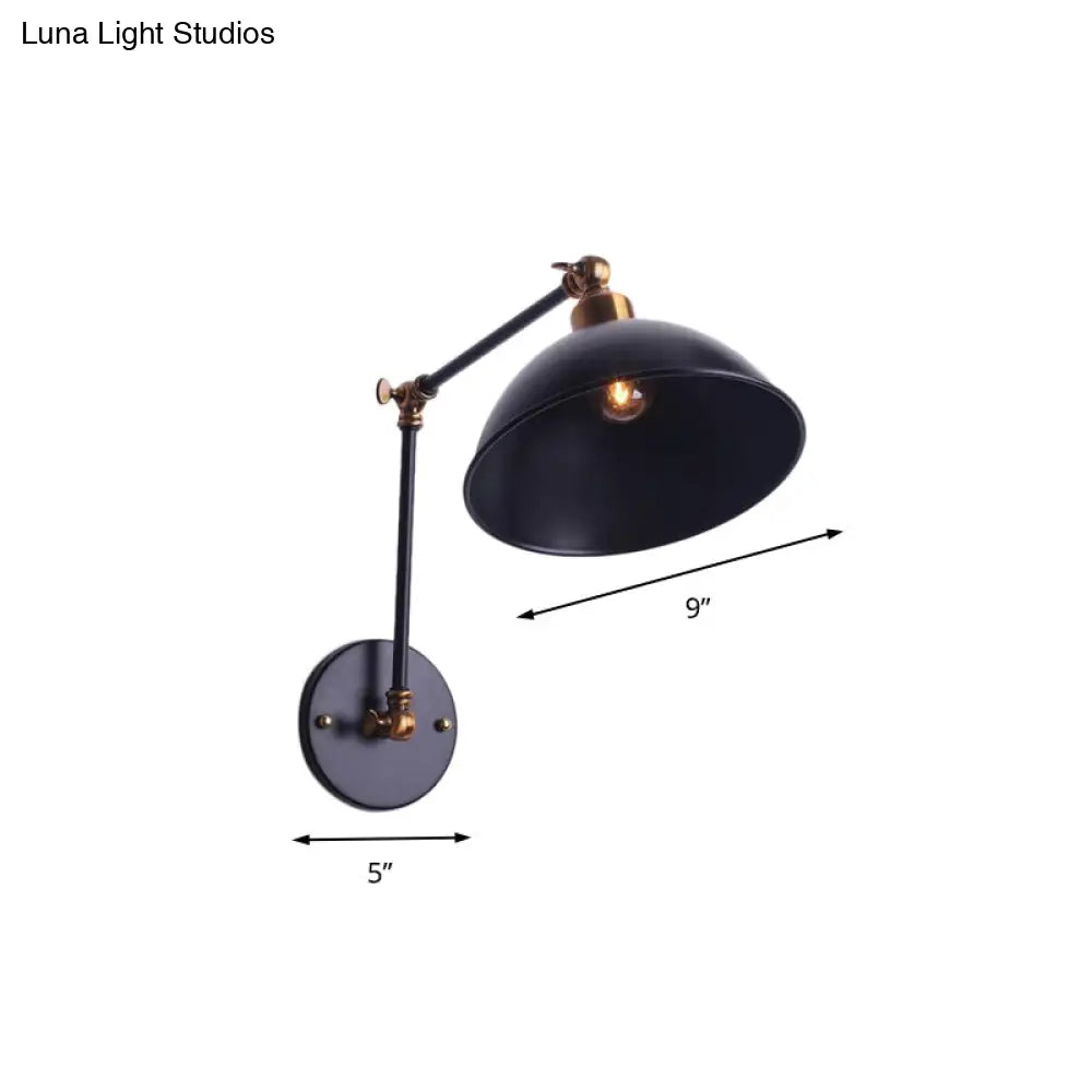Vintage Swing Arm Wall Sconce Light With Bowl Shade - Black Metal Perfect For Stairways