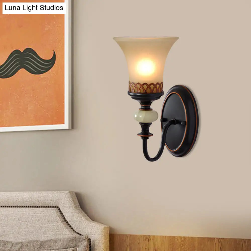 Vintage Tan Glass Black Bell Up Wall Lamp Fixture - Elegant Accent For Living Room