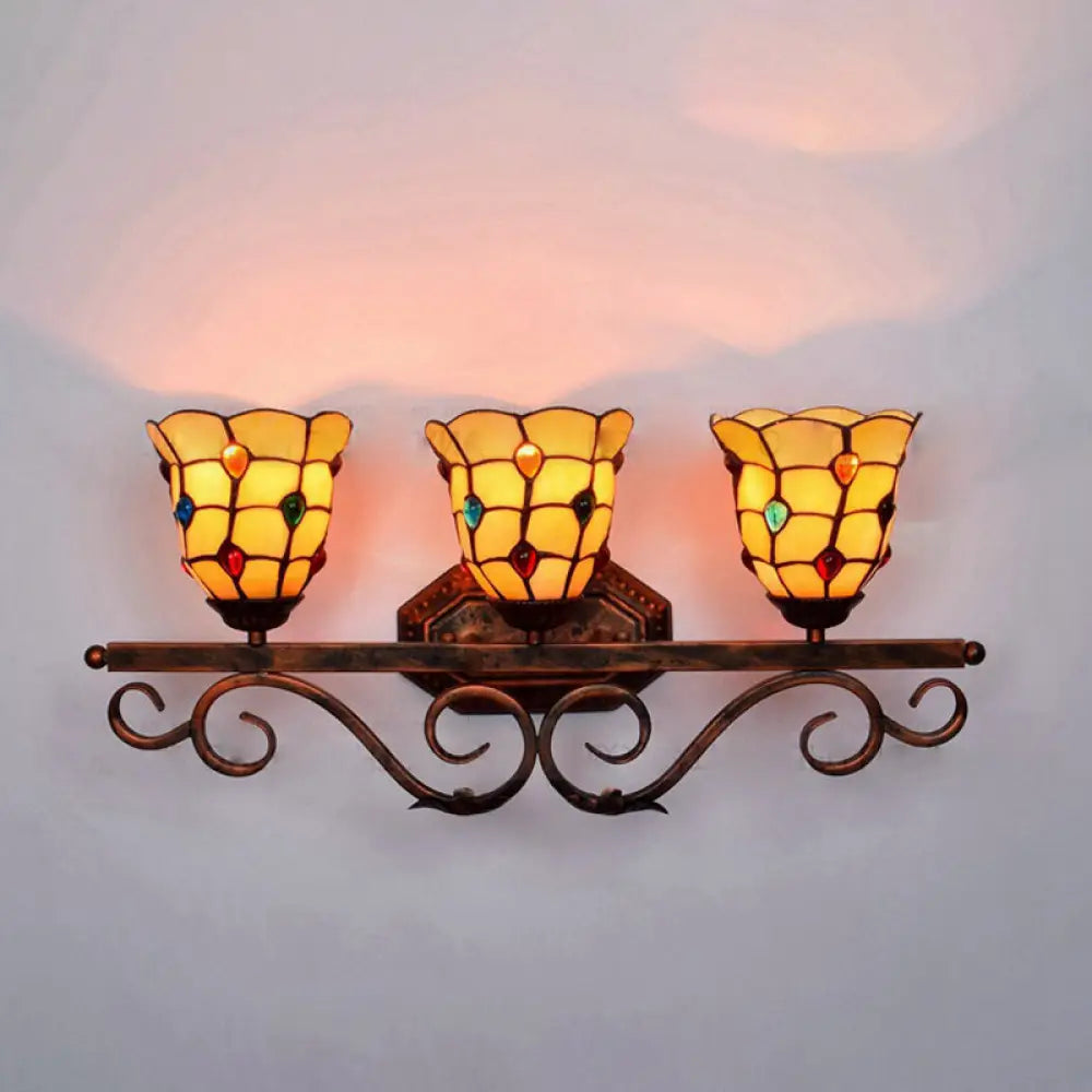 Vintage Tiffany Stained Glass 3-Light Vanity Sconce In Yellow/Red/Clear For Bathroom Yellow