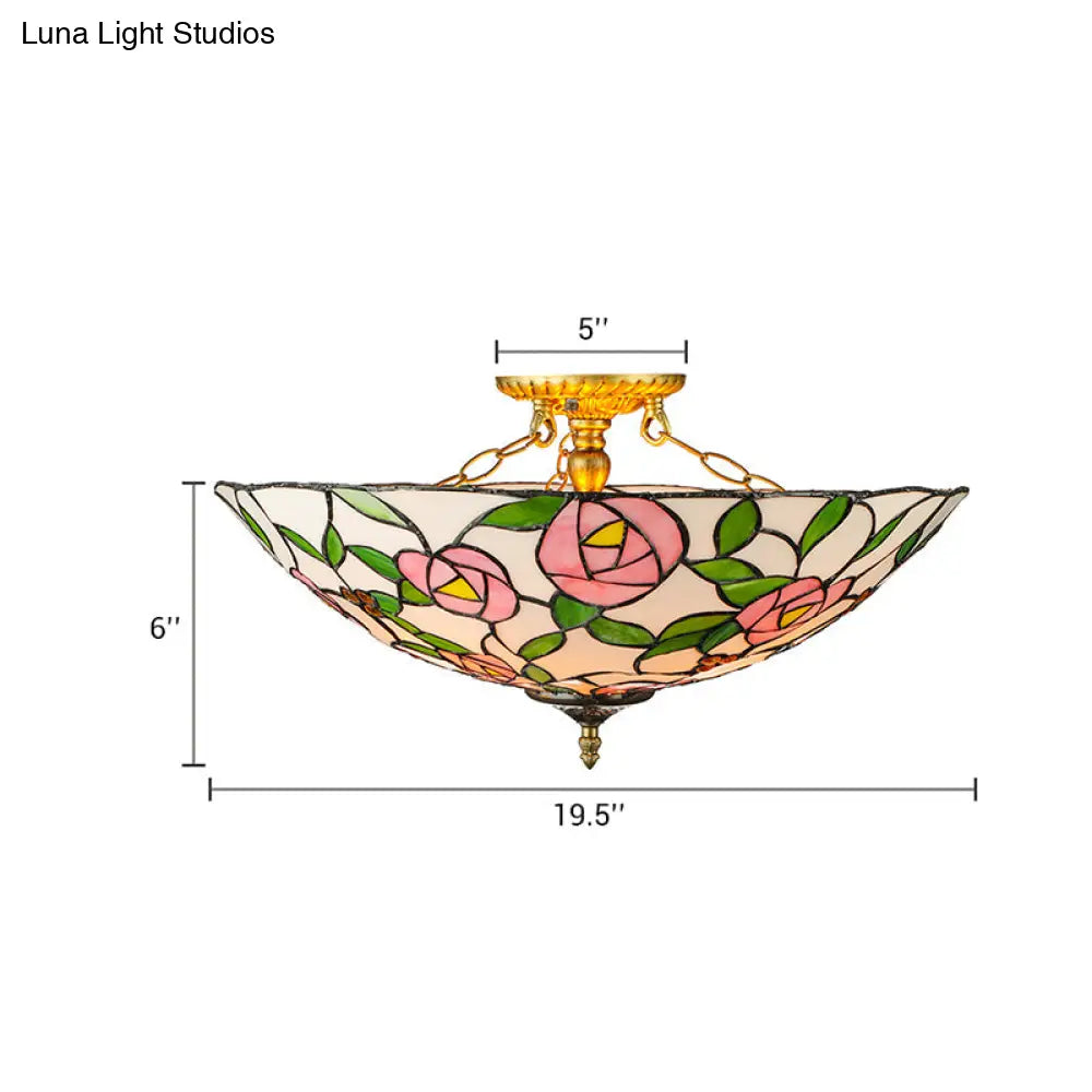Vintage Tiffany Stained Glass Flush Ceiling Light With Pink And Green Bowl Design