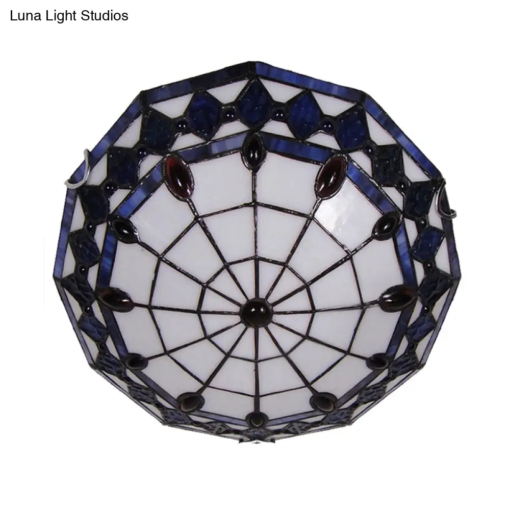 Vintage Tiffany Style Stained Glass Flush Ceiling Light - 3 Lights Art Deco Design Rhombus Pattern
