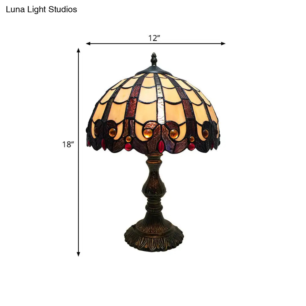 Vintage Tiffany-Style Stained Glass Table Light With Antique Brass Dome For Bedroom Nightstand