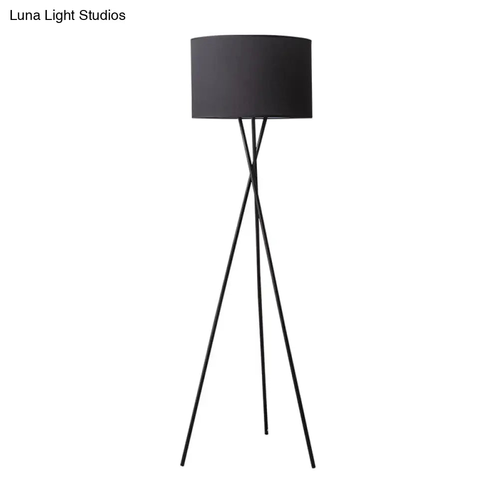 Vintage Tripod Metal Floor Lamp With Drum Fabric Shade - Perfect For Living Room