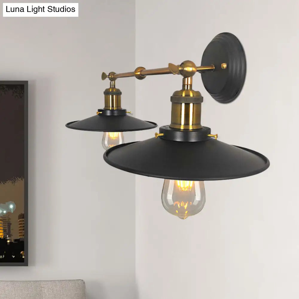 Vintage Wall Mounted Sconce With Flare Metal Shade In Black And Brass - 2 Bulb Light For Restaurants