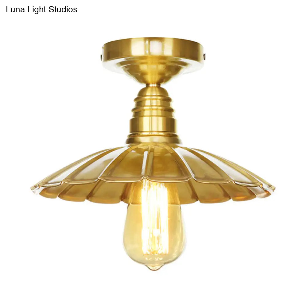 Vintage Waveforms/Scalloped Shade Semi Flush Ceiling Light - Brass Finish 8’/9.5’ W Metal Fixture