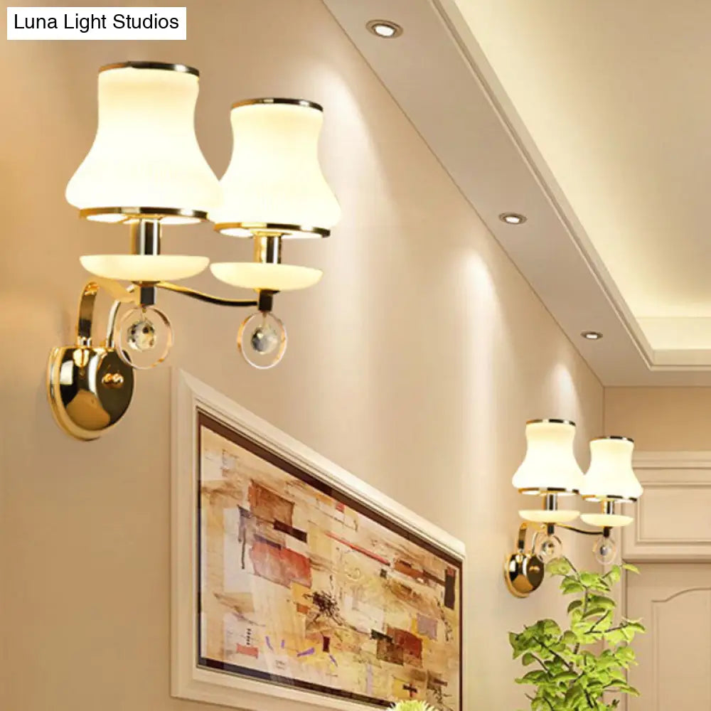 Vintage White Glass Bell Wall Lamp With Crystal Accent And Led Lighting For Living Room (1/2 Heads)