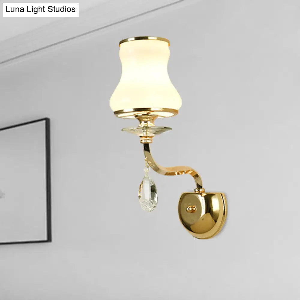 Vintage White Glass Bell Wall Lamp With Crystal Accent And Led Lighting For Living Room (1/2 Heads)
