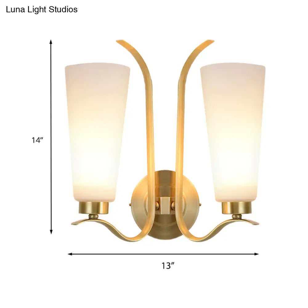 Vintage White Glass Brass Wall Lamp - 2-Light Cone Sconce For Porch With Metal Swooping Arm