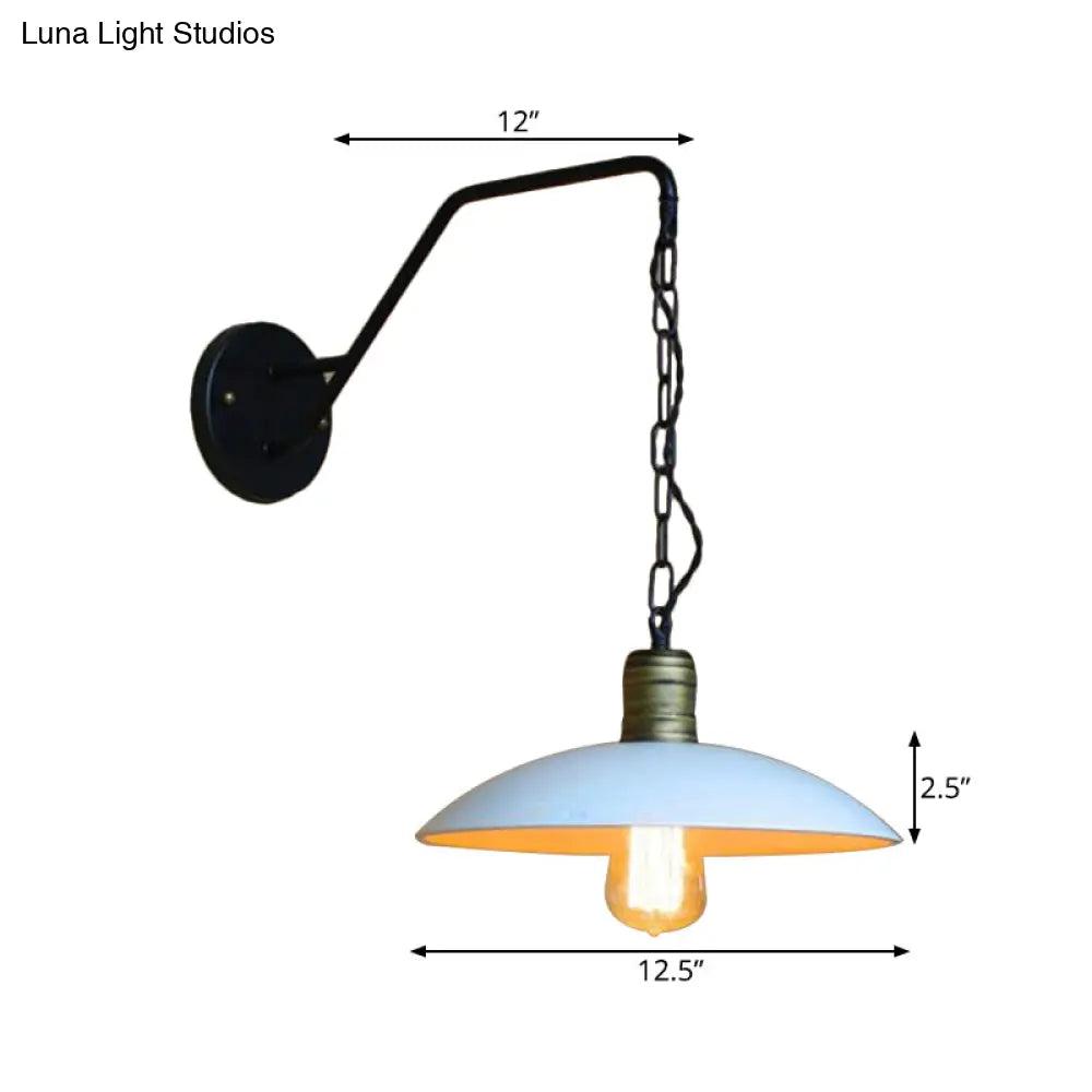 Vintage White Wall Lighting With Saucer Shade And Chain - Bedroom Light Fixture Metallic 1 Bulb