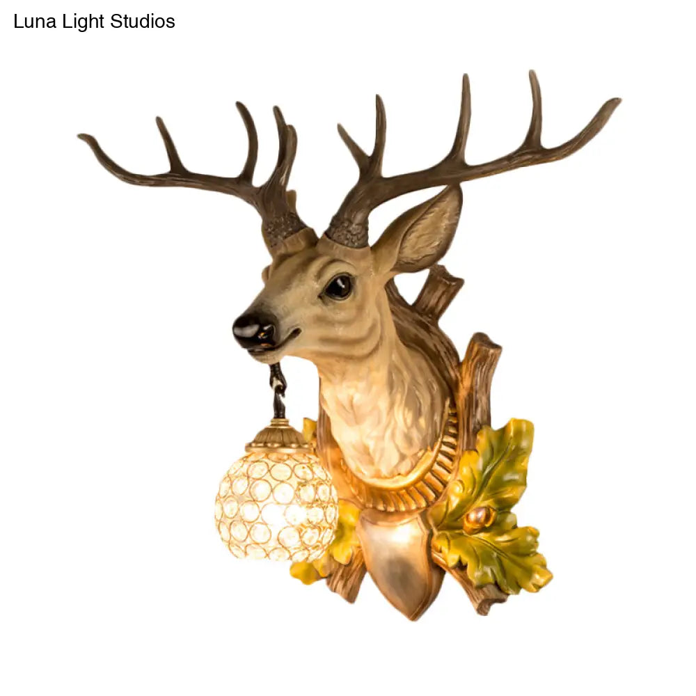 Vintage Wood Resin Wall Lamp With Teardrop Crystal Shade - 1 Light Elk Sconce For Living Room