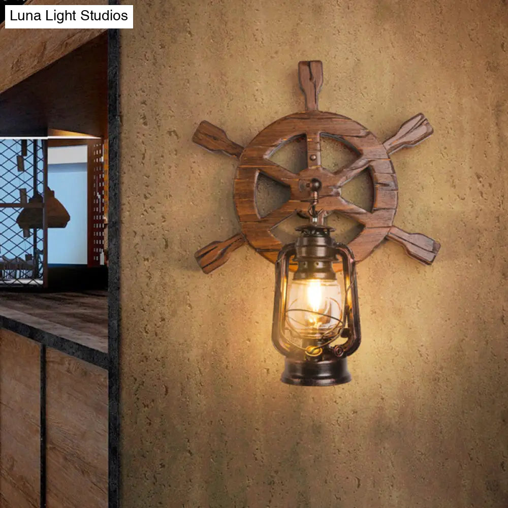 Vintage Wooden Rudder Wall Lamp - Industrial Nautical Style Sconce For Restaurant Bar