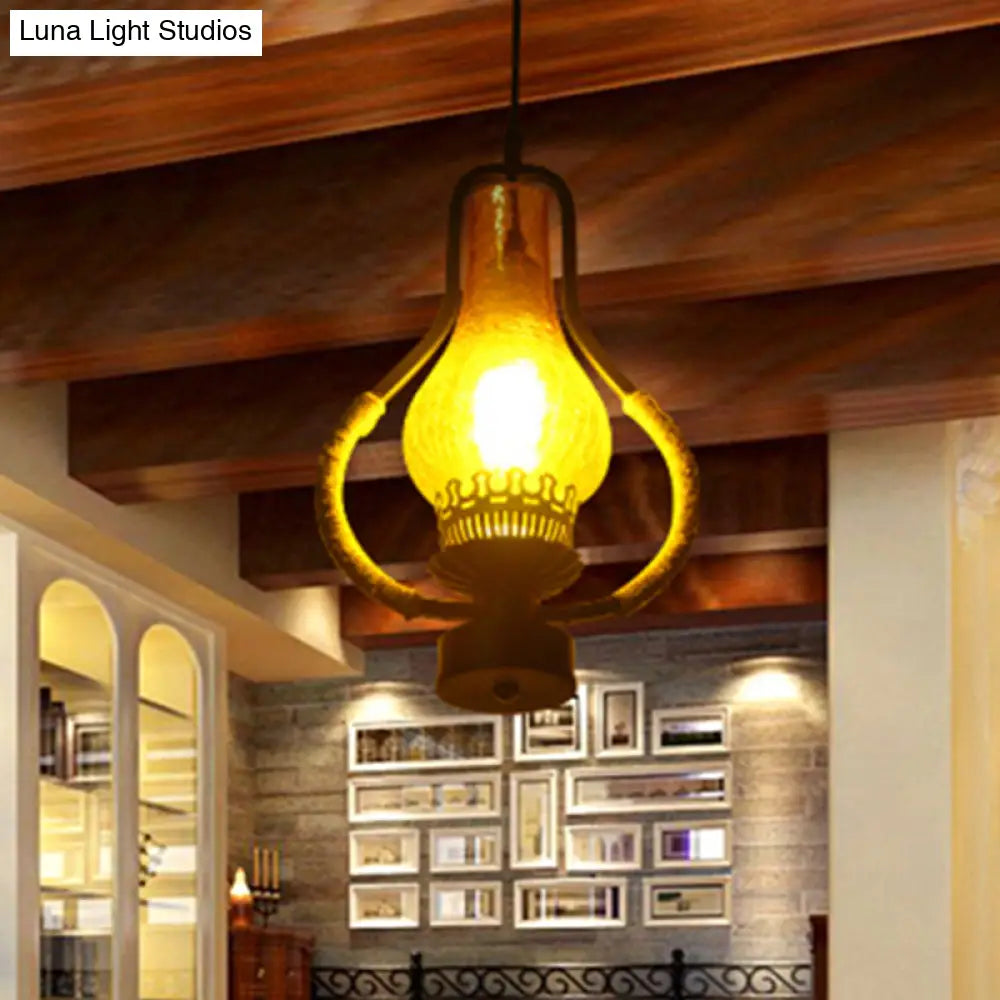 Vintage Yellow Crackle Glass Kerosene Pendant Light For Living Room - Black 1-Light Hanging Ceiling