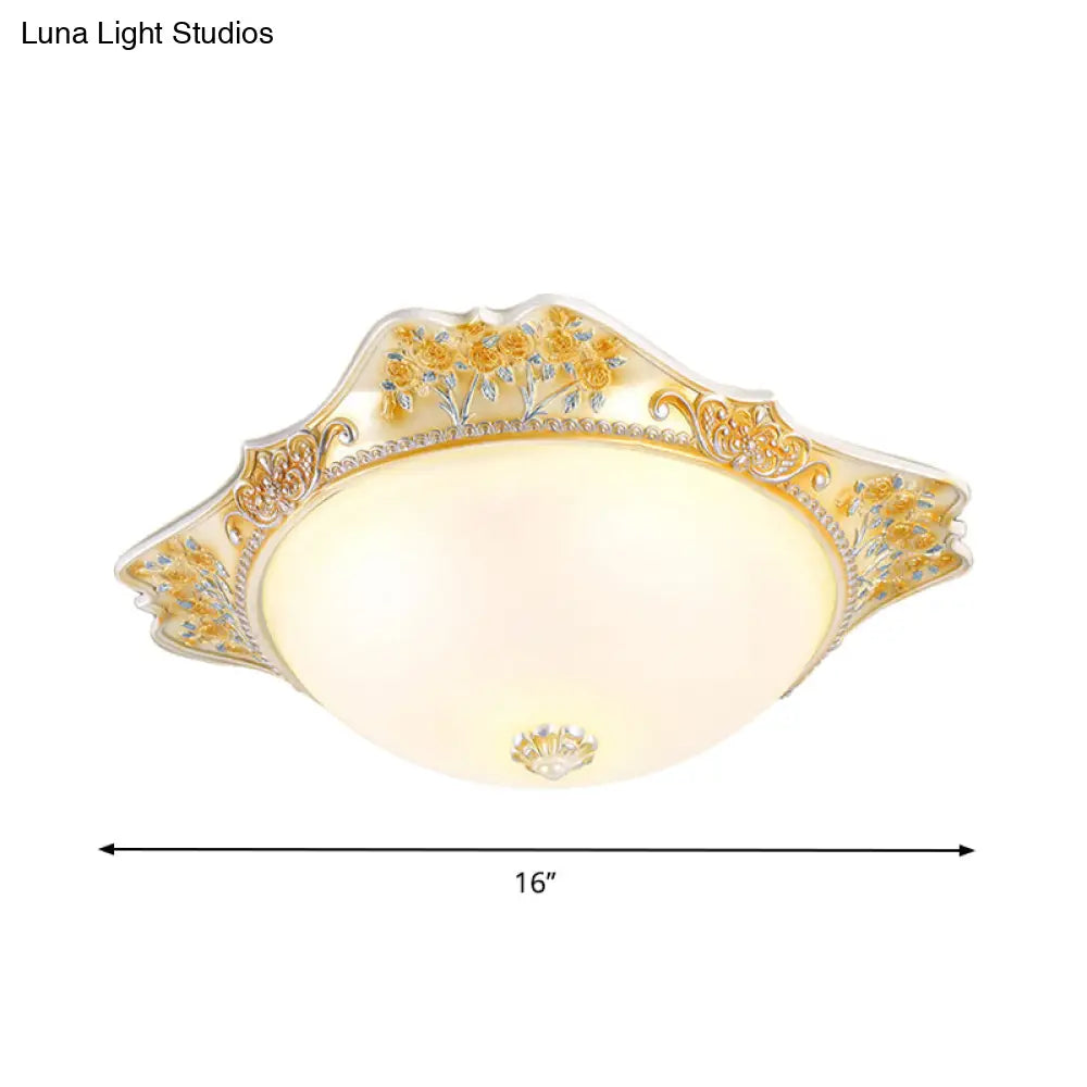 Vintage Yellow Opaline Glass Dome Flush Mount Light With Floral Accent Available In 3 Sizes: 12’