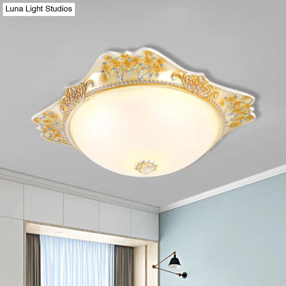Vintage Yellow Opaline Glass Dome Flush Mount Light With Floral Accent Available In 3 Sizes: 12’
