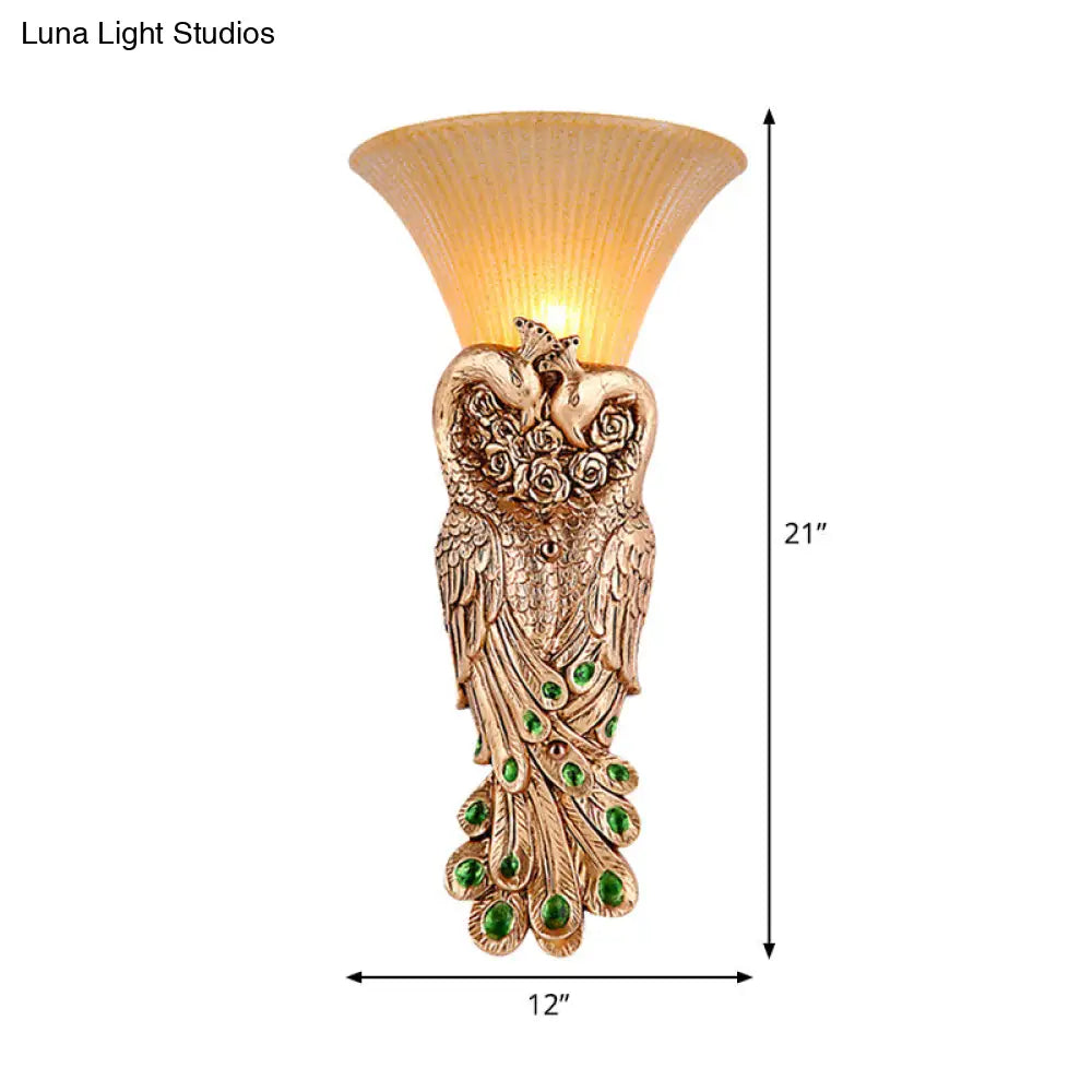 Wall Sconce With Countryside Design And Fluted Amber Glass - Peacock Decor In Gold