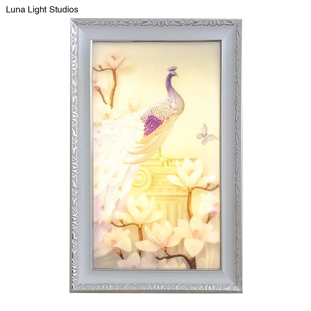 White And Pink Led Acrylic Wall Lamp With Oriental Peacock Magnolia Design