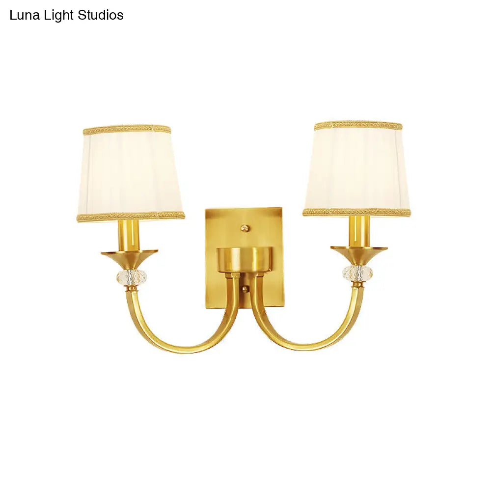 White Fabric Wall Sconce With Traditional Drum And Crystal Accent In Brass - 2 Heads