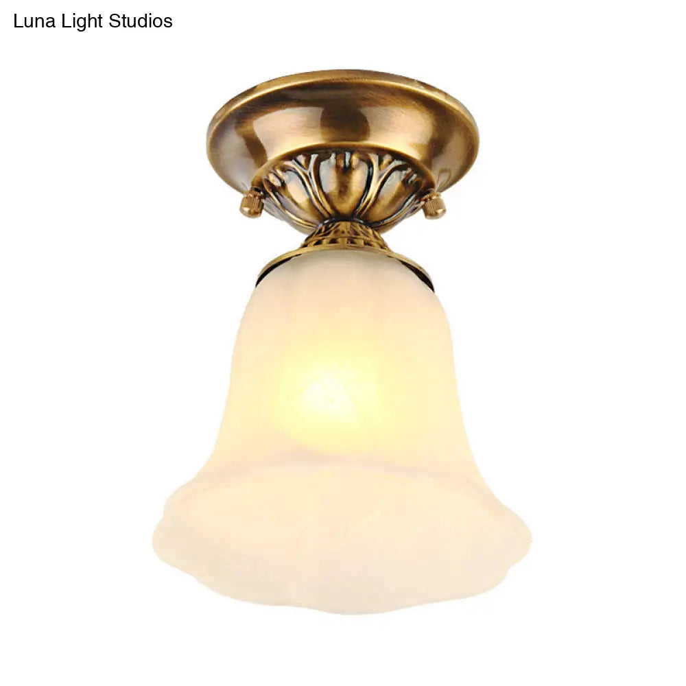 White Glass Ceiling Light Fixture With Classic Brass Bell - 1 Flush Mount For Living Room
