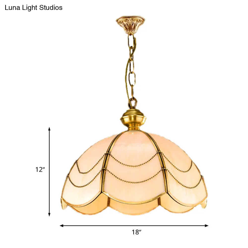 White Glass Chandelier Light - Scalloped Colonial Style Dining Room Pendant Lamp (3 Bulbs)