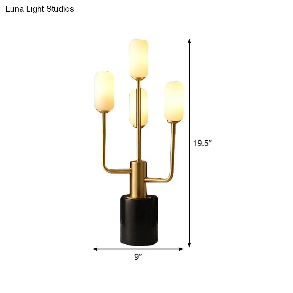 White Glass Cylinder Table Lamp With Brass Task Heads And Marble Base