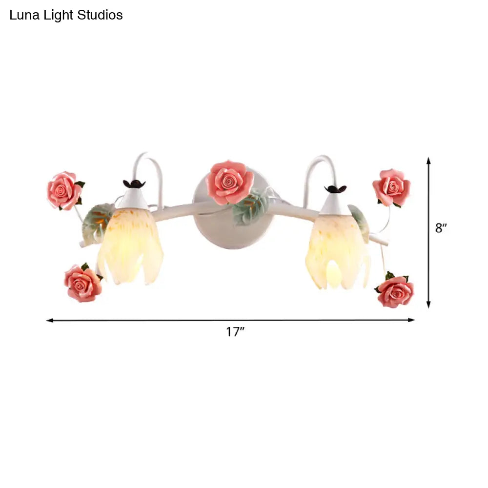 White Vanity Sconce With 2/3 Heads - Country Style Metal Rose Wall Lamp For Bathroom