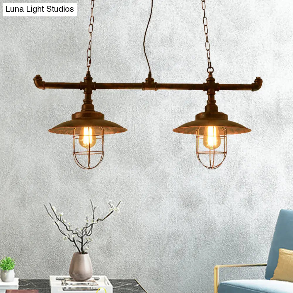 Wire Guard Hanging Light With Pipe Design - 2-Light Weathered Copper Iron Island Lighting
Note: