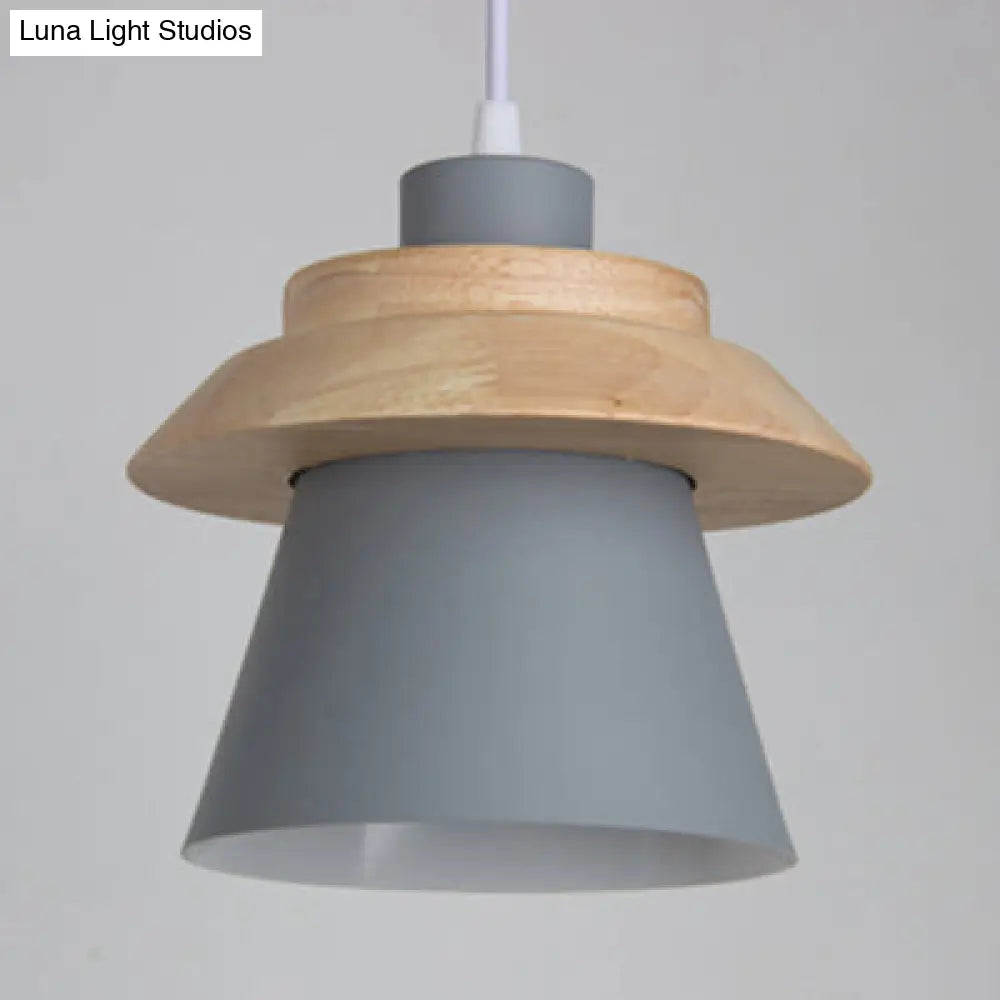 Wooden Asian Style Hanging Pendant Light For Stairways - Coolie Shade With Metal Accents