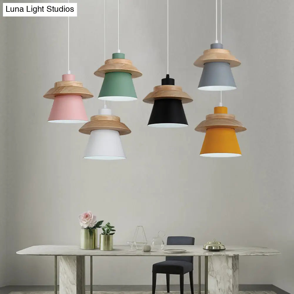 Wooden Asian Style Hanging Pendant Light For Stairways - Coolie Shade With Metal Accents