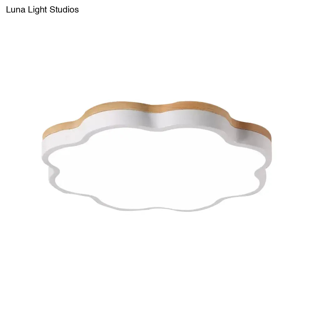 Wooden Ceiling Light With Floral Shade - Flush Mount For Kids Bedroom