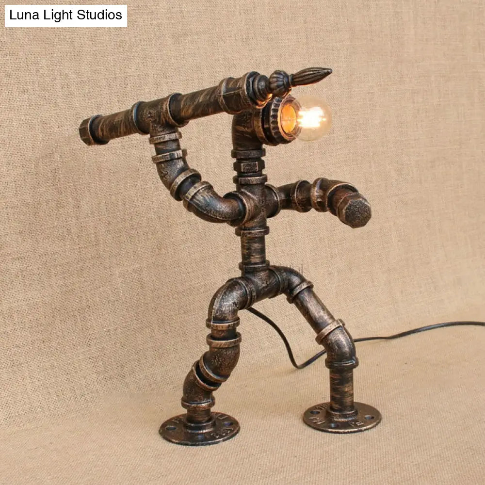 Wrought Iron Vintage Standing Lamp In Bronze With Pipe Man And Bare Bulb - Table Lighting