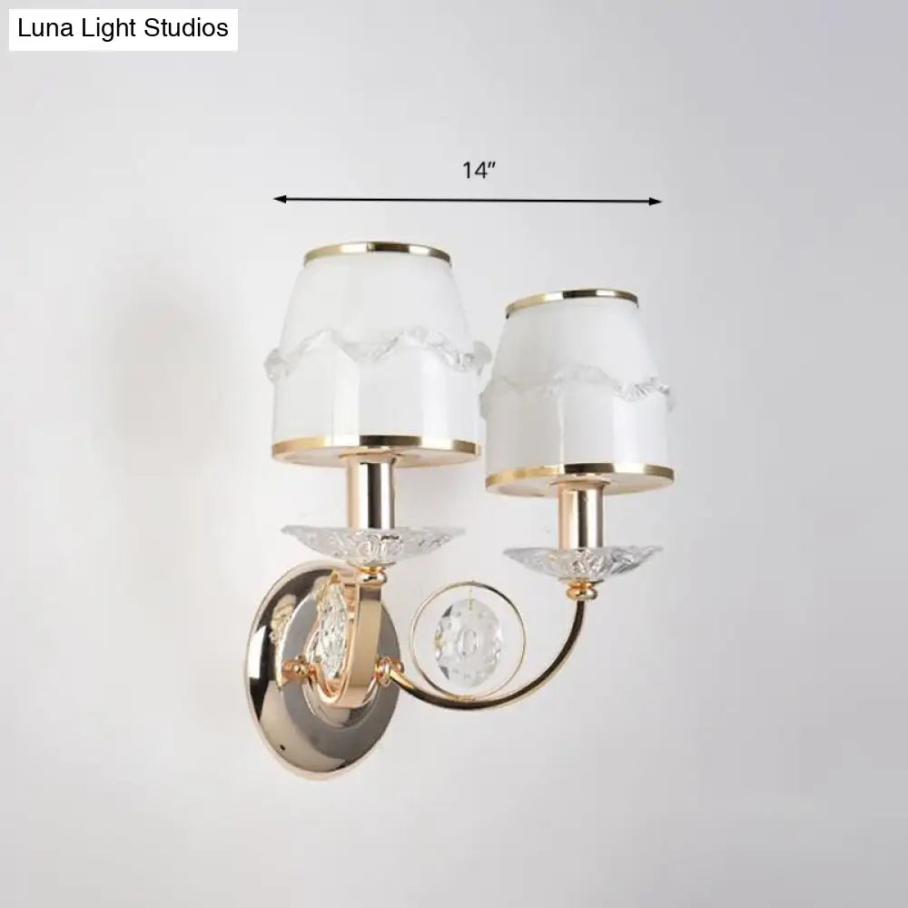 1/2-Bulb Curving Wall Light - Classic White Metal Led Lamp With Crystal Accent