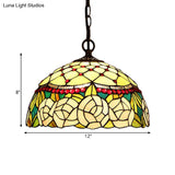 1/2-Light Mediterranean Bronze Kitchen Chandelier Pendant With Red/Yellow Glass Shade - 12’’/16’’ W