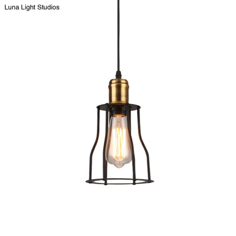 1-Bulb Bronze/Brass Suspended Metal Pendant Lamp - Mini Industrial Wire Cage Light For Living Room