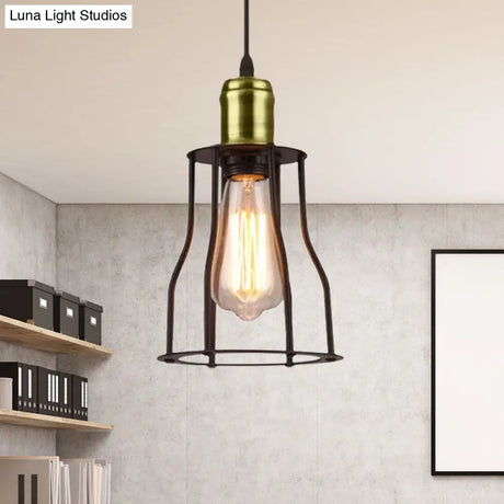 1-Bulb Bronze/Brass Suspended Metal Pendant Lamp - Mini Industrial Wire Cage Light For Living Room