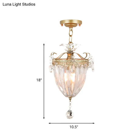 1 - Bulb Semi Flush Gold Ceiling Light With Traditional Ribbed Crystal Bell Design